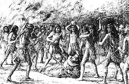 An illustration depicts the death of the Rev. Luís Jayme by angry natives at Mission San Diego de Alcalá, November 4, 1775.[20] The independence uprising was the first of a dozen similar incidents that took place in Alta California during the Mission Period; however, most rebellions tended to be localized and short-lived due to the Spaniards' superior weaponry (native resistance more often took the form of non-cooperation (in forced labor), return to their homelands (desertion of forced relocation), and raids on mission livestock).[21][22][notes 3][23][notes 4]