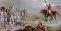 General Rowland Hill tilbyr keisergarden å overgi seg. Bildet er farget av tidens romantiske forestilling om en heroisk britisk seier. Malt av: Robert Alexander Hillingford (1825–1904)