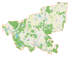 Mapa konturowa gminy Dywity, blisko centrum na dole znajduje się punkt z opisem „Ługwałd”