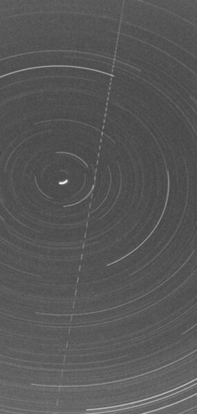 Sky photo with the Earth-grazing meteoroid of 13 October 1990, as the light track across the picture going from the south to the north, taken at Červe