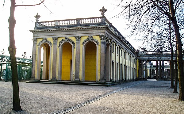 The East Wing. The two service wings, virtually hidden from sight by foliage in the time of Frederick the Great, were remodelled in the 19th century b