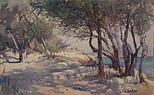 Elsie Barlow (c.1916) Beaumaris. Watercolour 22.3 x 35.3 cm. Signed l.r., watercolour "E. Barlow". Castlemaine Art Museum. Gift of the artist Elise Barlow Beaumaris.jpg