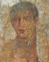 Encaustic on marble, portrait of a young man from a grave stele, with an inscription ThEODOROS KhAIRE Theodoros Farewell 2.png