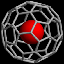 A skeletal structure of buckminsterfullerene with an extra atom in its center.
