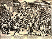 «Narrefesten» (Fête des fous), et trykk fra 1559 etter et motiv av Pieter Brueghel den eldre. Bildet viser feiringen av en tradisjonell europeisk middelalderfestival eller et karneval der ting blir snudd på hodet og narrene hylles.