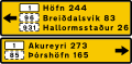 Vorausliegende Zielorte mit Entfernungen in Kilometer und Straßennummern (außerhalb der Hauptstadt)