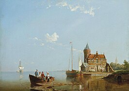 Vissersvolk aan de Schelde op een stille dag door William Raymond Dommersen