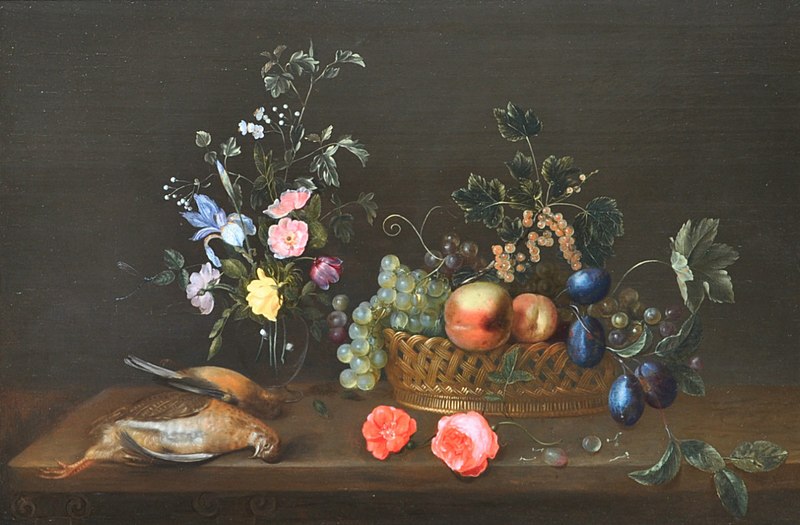 File:Frans Ykens - A vase with flowers, a basket of fruit and two dead birds on a wooden ledge.jpg