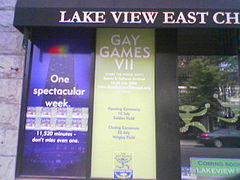 Lakeview East Chamber of Commerce advertises itself as home of Gay Games VII.