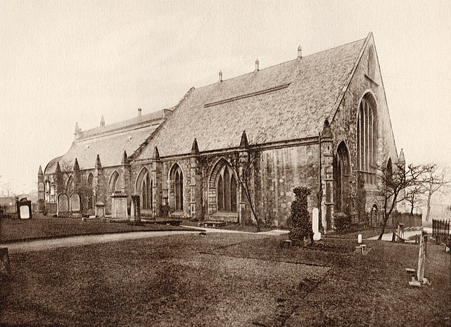 The exterior of Greyfriars as restored by David Cousin after the fire of 1845. Note the contrast in the shape of the roof between Old Greyfriars (righ