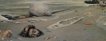 La tête et la lyre d'Orphée rejetées par les vagues sur les rives de Lesbos, par Gustave Courtois (1875).