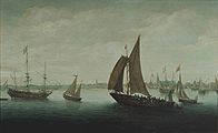 Two Ferries Leaving the Port of Hoorn label QS:Len,"Two Ferries Leaving the Port of Hoorn" label QS:Lpl,"Dwa promy opuszczające port Hoorn" label QS:Lnl,"Twee veerkagen verlaten de haven van Hoorn" circa 1625 date QS:P,+1625-00-00T00:00:00Z/9,P1480,Q5727902 . oil on panelmedium QS:P186,Q296955;P186,Q106857709,P518,Q861259. 27.6 × 44.5 cm (10.8 × 17.5 in). Hoorn, Westfries Museum.