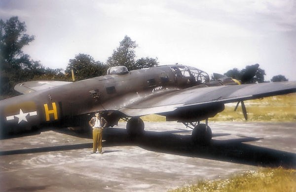 Heinkel He 111 Nr. 701152 at Boxted, 2 July 1945 after being acquired by the 56th FG on detachment in France. The aircraft was repainted in the markin