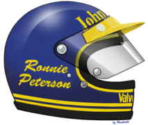 Le casque de Ronnie Peterson, d'Örebro en Suède, vainqueur de 10 Grand Prix de Formule 1, vice-champion du monde en 1971 et en 1978 (à titre posthume), considéré comme l'un des pilotes les plus spectaculaires et les plus talentueux de sa génération.