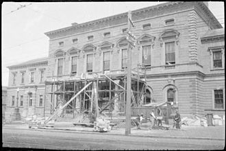 Hobart Town Hall undergoing repairs to its portico in 1925 Hobart Town Hall repairs to portico.jpg