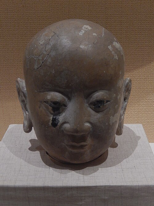 Statue head of a Buddhist arhat, Western Xia dynasty, from Hongfo Pagoda, Helan County, Ningxia