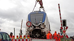 The wrecked passenger train at train accident site near Meerbusch on 8 Dec 2017