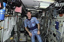 Voss on board the International Space Station during Expedition 2. ISS-02 James S. Voss in the Zarya module.jpg