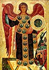 Icona di Michele con miracolo a Chonae (XV sec., Museo Ryazan).jpg