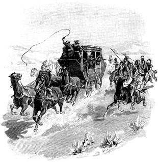 A circa 1904 drawing of an Overland Mail stagecoach under attack--note guard with shotgun sitting to the left of the driver Indians Attacking a Stage-Coach BAH-p243.png