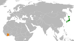 JapanとIvory Coastの位置を示した地図