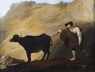 Berger napolitain chassant une vache d'une grotte