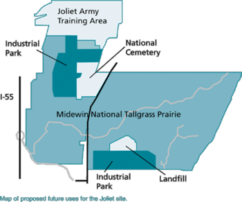 Proposed redevelopment of Joliet Arsenal, February 2002. Drawn with North at the top, the arsenal was bisected by Illinois Route 53 with Kankakee Ordnance Works in the west portion and Elwood Ordnance Plant on the east. Joliet Arsenal proposed redevelopment map.png