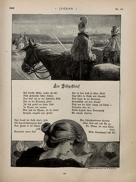 A Field Army Letter, published in Jugend in 1896. Poem and illustrations both by Maximilian Liebenwein.