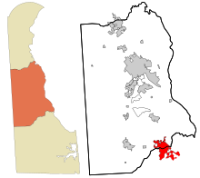 Eingemeindete und nicht eingetragene Gebiete in Kent County Delaware Milford hervorgehoben.svg