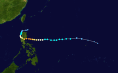 Мапа руху та інтенсивності тайфуну Ландо за шкалою Саффіра-Сімпсона.