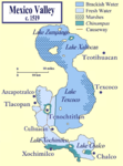 Karta över Texcocosjön med Tenochtitlán.