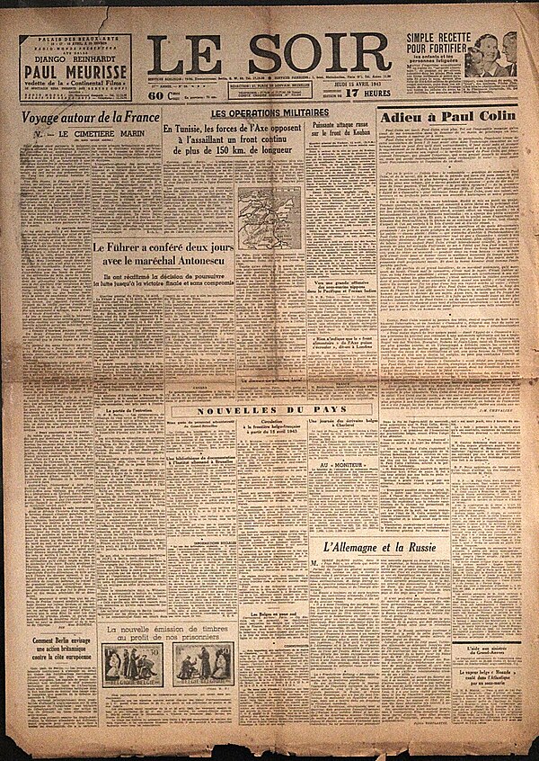 A 1943 copy of Le Soir dating to the occupation