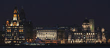 During Kroonland's time on New York - Liverpool service, she would have been greeted by The Three Graces of Liverpool's Pier Head. Liverpool Pier Head by night.jpg