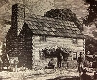 An illustration depicting an artist's rendition of first building, a log cabin, of the Pittsburgh Academy. Log cabin schoolhouse of Pittsburgh Academy 1787.jpg