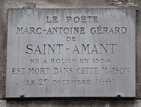 Marc-Antoine Gérard de Saint-Amant plaque - 26 rue de Seine, Paris 6.jpg