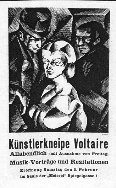 Original poster of the first function of the Cabaret Voltaire, by Marcel Słodki (1916)
