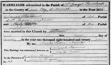 Marriage record of Joseph Stannard and Emily Coppin (1826)