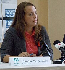 Martine Desjardins en point de presse، le lendemain du déclenchement des elections، 2 آگوست 2012.jpg