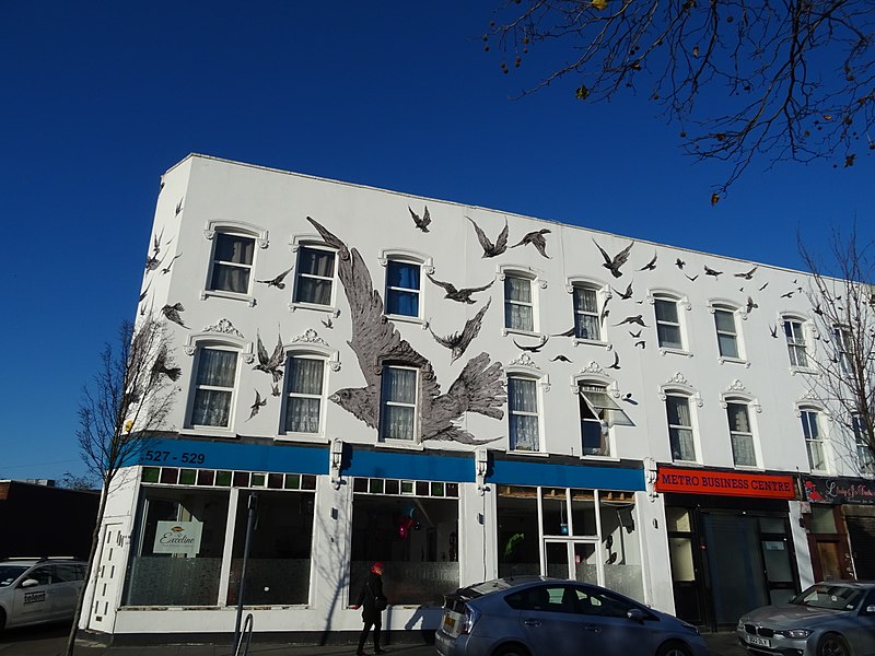 File:Mateusz Odrobny's 'The Birds' mural at 527 to 534 High Road Leytonstone.jpg