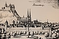 Merianstich, aufgenommen vor dem Stadtbrand 1635. Links das Schloss Herrenberg, in der Mitte die Stiftskirche