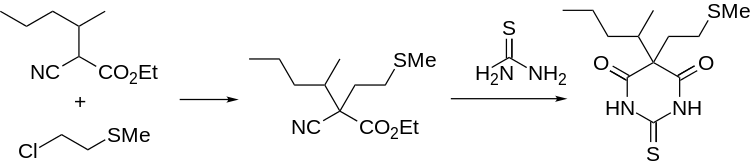 Methitural synthesis: Zima, Von Werder, U.S. Patent 2,802,827 (1957 to E. Merck). Methitural synthesis.svg