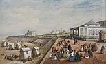 Badkarren op het strand (1855) met rechts het eerste kursaal