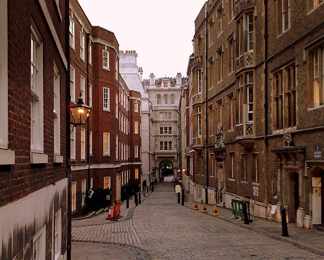 Looking down Middle Temple Lane; the buildings are occupied by barristers' chambers.