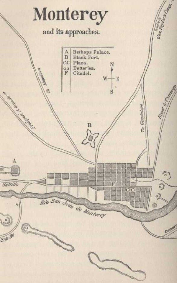 San Patricios defended the city of Monterrey with artillery fire from its citadel, indicated here with the key "F".[d]