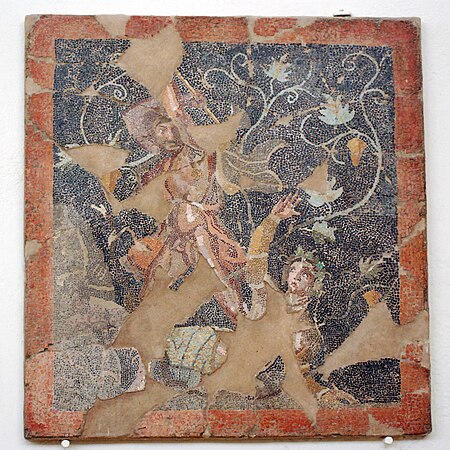 Licurg a punt de colpejar Ambrosia que es transforma en vinya. Mosaic grec de Delos, finals del segle ii aC[3]
