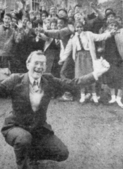 Head David Swinfen celebrates the saving of Moseley School from demolition, 1987.