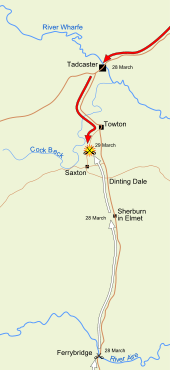 Yorkist ordusu, 28 Mart'ta Ferrybridge Savaşı'na katılarak ve aynı gün Sherburn-in-Elmet'e ulaşarak kuzeye Towton'a doğru hareket etti. Lancastrians, Tadcaster üzerinden güneye doğru ilerledi. Her ikisi de 29 Mart'ta Towton'a geldi.