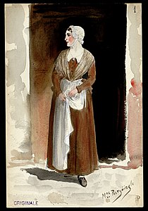 Mrs. Peerybingle (soprană), schiță de un artist necunoscut pentru Il crillo del focolare (1908) - Archivio Storico Ricordi ICON005086.jpg