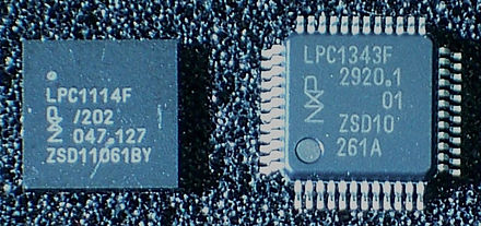 NXP LPC1114 in 33-pin HVQFN package and LPC1343 in 48-pin LQFP package, both ARM Cortex-M microcontrollers