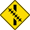(W15-8.3/PW-60.2) Railway crossing ahead at an oblique angle